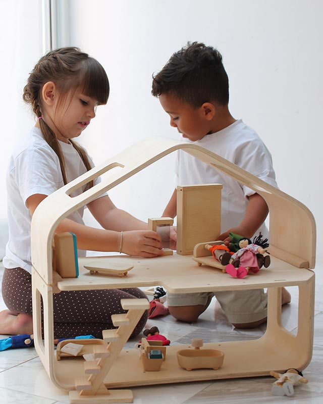 PLANTOYS Modernes Puppenhaus - mit Puppen & Möbeln PlanToys